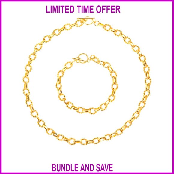 Chunky Gold-Plated Chain Necklace Bracelet Set with Snake-Skin Buckle